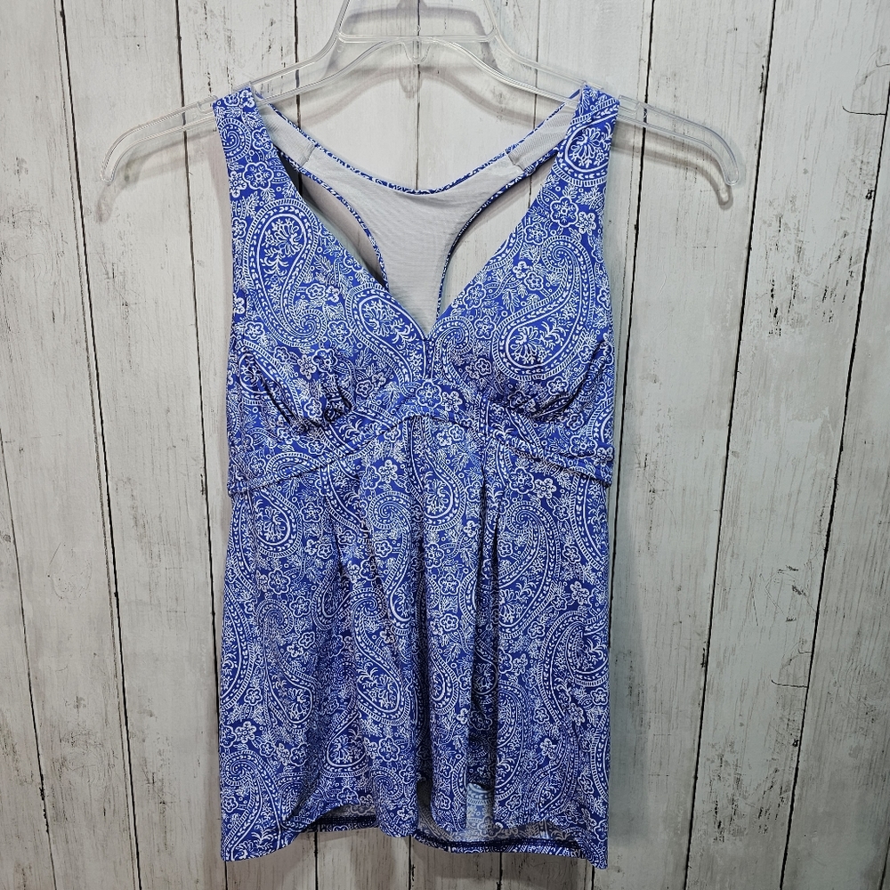 Lands End Womens Swim Tankini Top Molded Cups Racerback Paisley Blue Size 6 Long